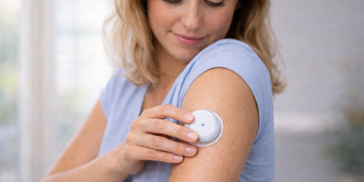 Fiatal nő folyamatos vércukormérő szenzort (CGM) helyez fel a felkarjára otthoni környezetben, természetes fényben – a szenzor használata inzulinrezisztencia és cukorbetegség esetén.