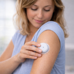 Fiatal nő folyamatos vércukormérő szenzort (CGM) helyez fel a felkarjára otthoni környezetben, természetes fényben – a szenzor használata inzulinrezisztencia és cukorbetegség esetén.