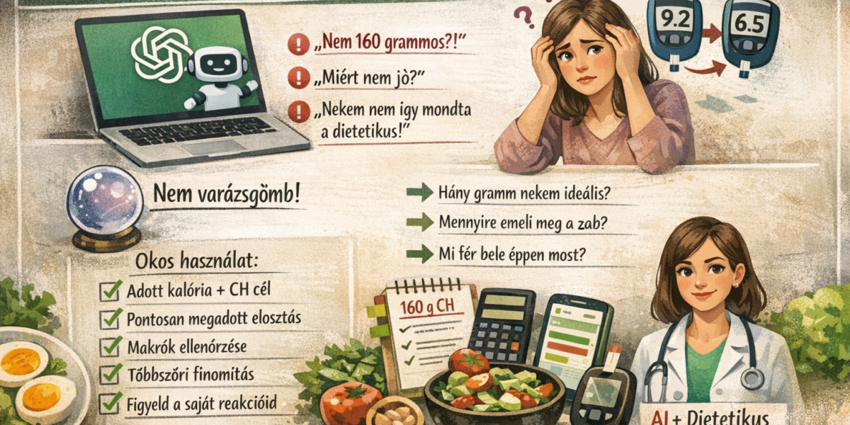Illusztráció a ChatGPT használatáról inzulinrezisztencia esetén: laptopon futó AI, mellette bizonytalan nő vércukorértékekkel, „nem varázsgömb” üzenet, valamint checklist az okos IR menütervezéshez és dietetikusi konzultáció hangsúlyozása.