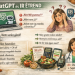 Illusztráció a ChatGPT használatáról inzulinrezisztencia esetén: laptopon futó AI, mellette bizonytalan nő vércukorértékekkel, „nem varázsgömb” üzenet, valamint checklist az okos IR menütervezéshez és dietetikusi konzultáció hangsúlyozása.