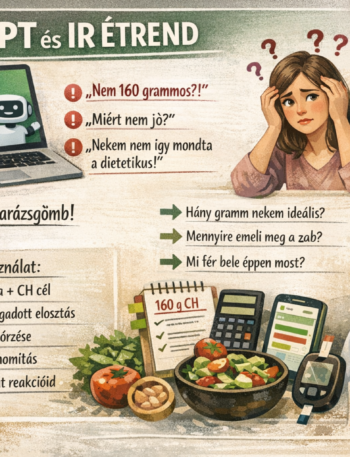 Illusztráció a ChatGPT használatáról inzulinrezisztencia esetén: laptopon futó AI, mellette bizonytalan nő vércukorértékekkel, „nem varázsgömb” üzenet, valamint checklist az okos IR menütervezéshez és dietetikusi konzultáció hangsúlyozása.