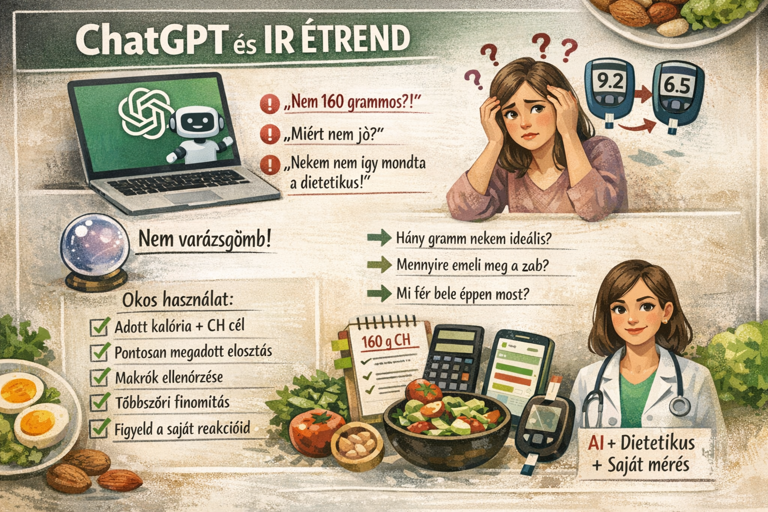 Illusztráció a ChatGPT használatáról inzulinrezisztencia esetén: laptopon futó AI, mellette bizonytalan nő vércukorértékekkel, „nem varázsgömb” üzenet, valamint checklist az okos IR menütervezéshez és dietetikusi konzultáció hangsúlyozása.