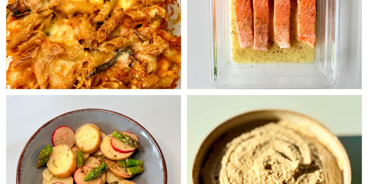 Tavaszi IR-barát mintaétrend egy napra: spenótos-fetás omlett teljes kiőrlésű kenyérrel, eper túróval, dijoni mustáros lazac spárgás újburgonya-salátával, hummusz zöldséghasábokkal és paradicsomos rakott tészta rukkolasalátával.